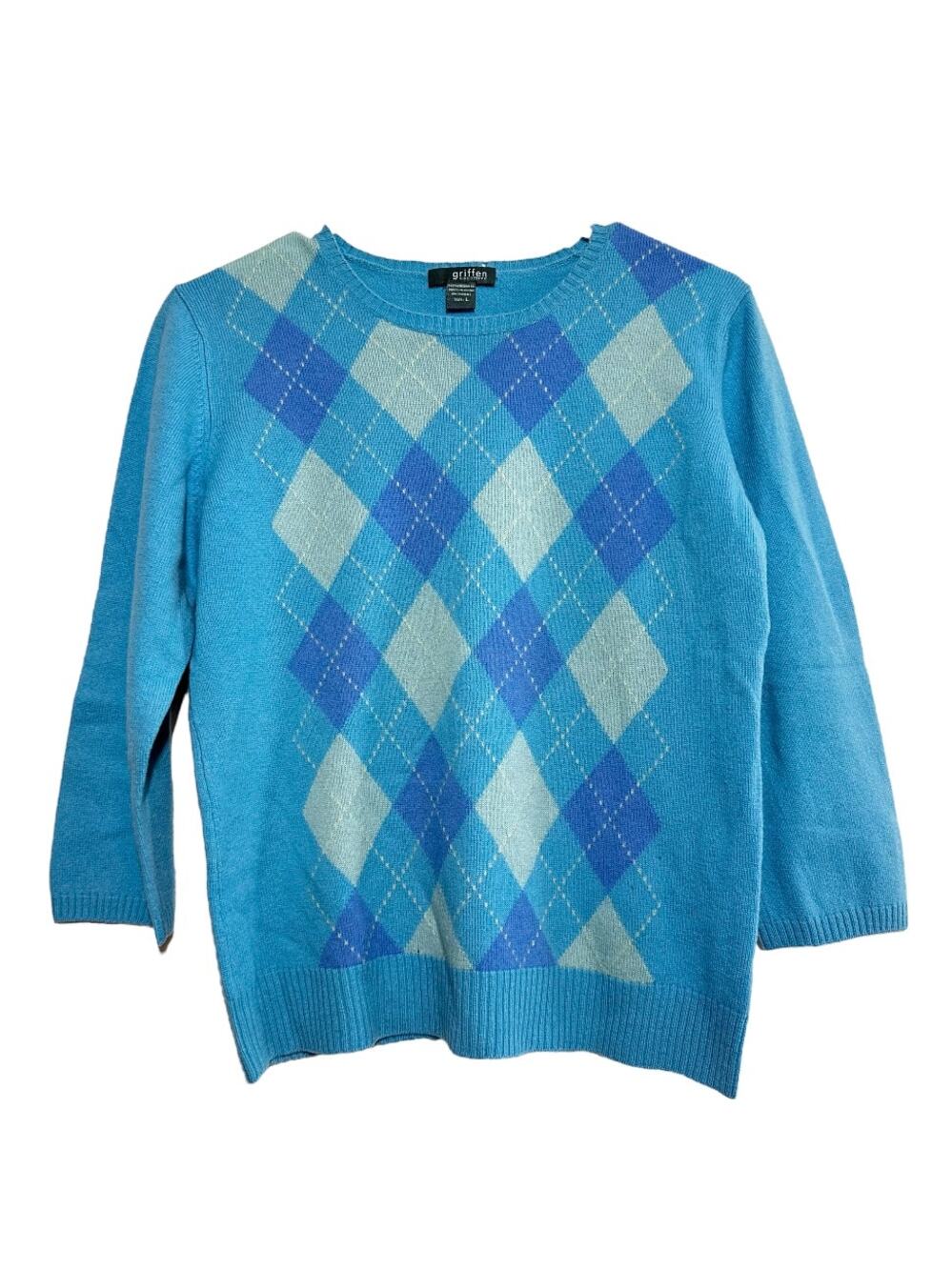Griffen Cashmere Sweater Argyle Pattern Long Sleeve Crewneck Pullover Blue Large